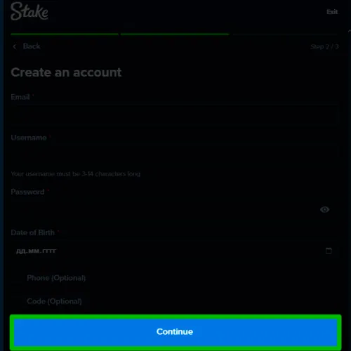Enter your details on the Stake registration form